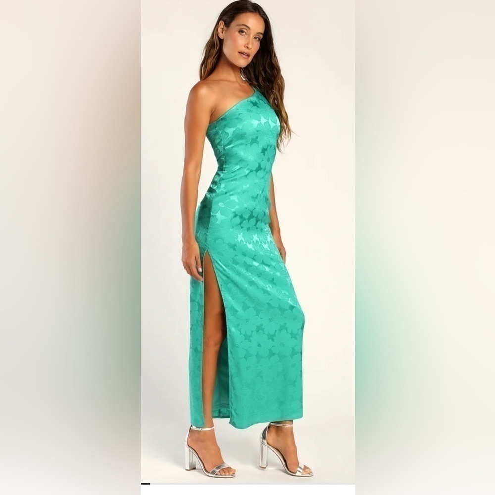 Lulu’s Chasing Desire Teal Green Satin Jacquard One-Shoulder Maxi Dress